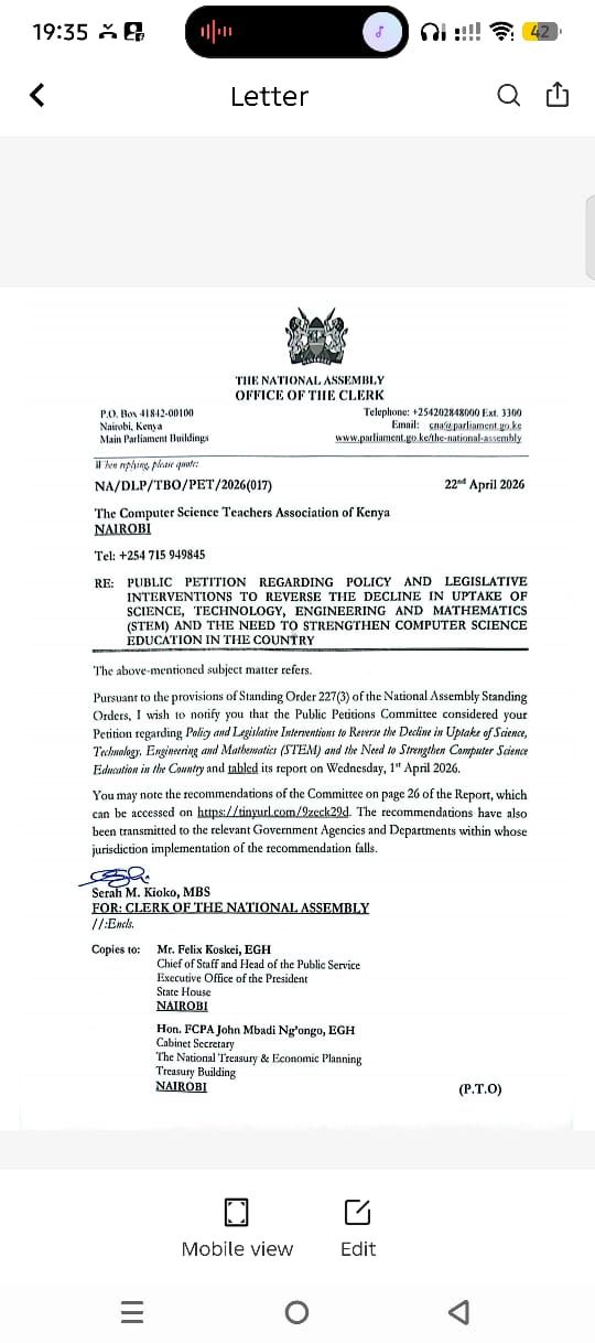 PARLIAMENT TAKES UP PETITION TO STRENGTHEN STEM AND COMPUTER SCIENCE EDUCATION IN KENYA